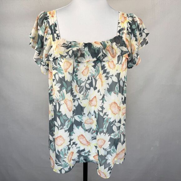 LC Lauren Conrad Tops - LC Lauren Conrad Women Sz S Sheer Square Ruffle Neck Pleated Sunflower Print